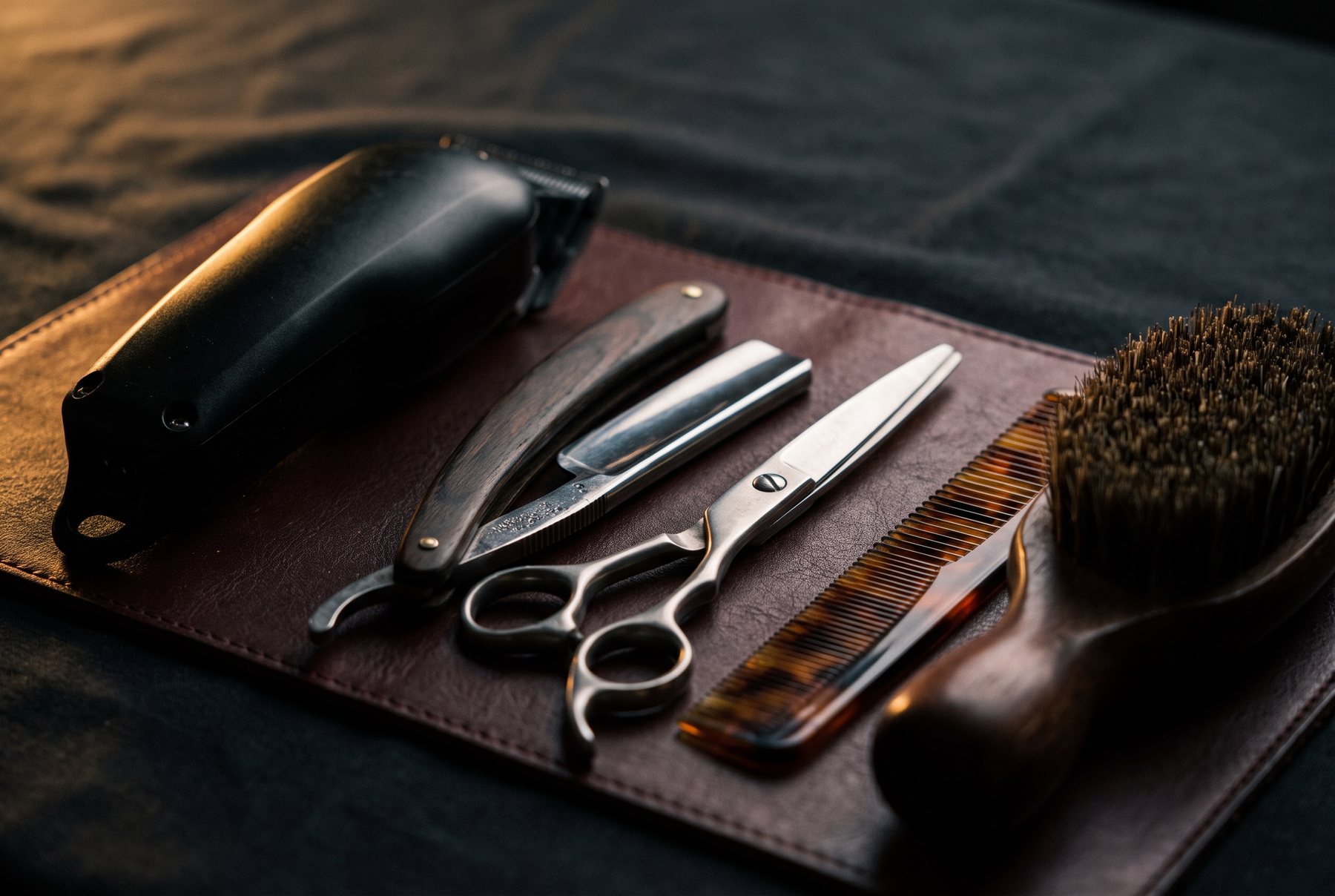 Clippers, shears and comb laid out on dark leather