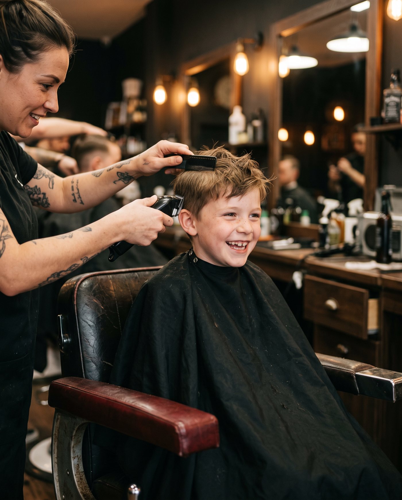 Young boy grinning in a barber chair while getting a haircut