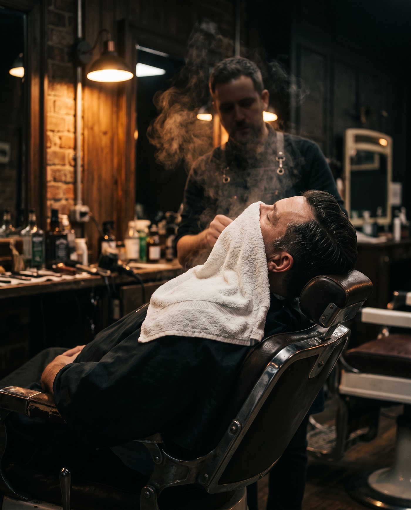Client reclined in a barber chair with a warm towel over his face
