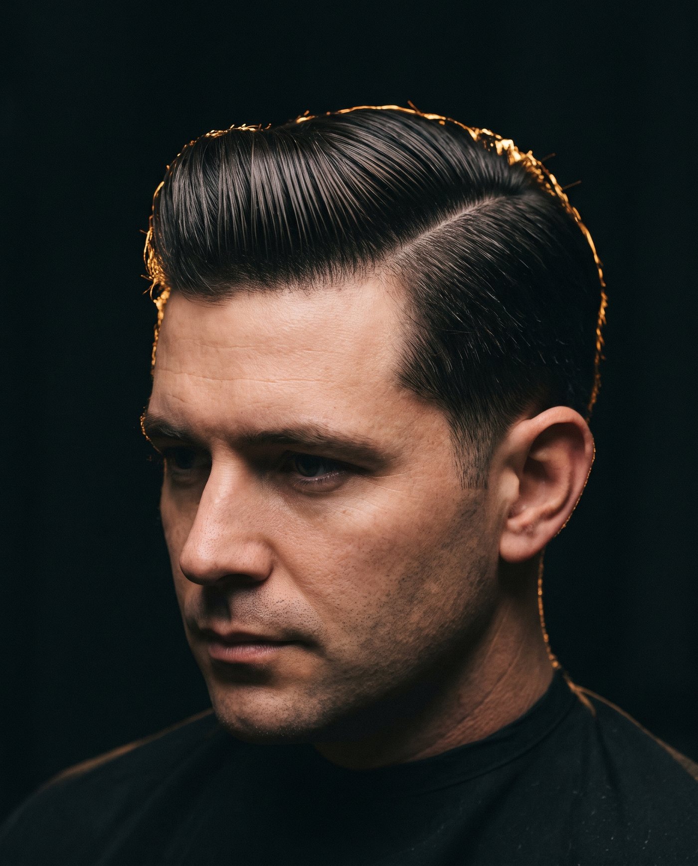 Side profile of a sharp classic side-part pompadour with tapered sides
