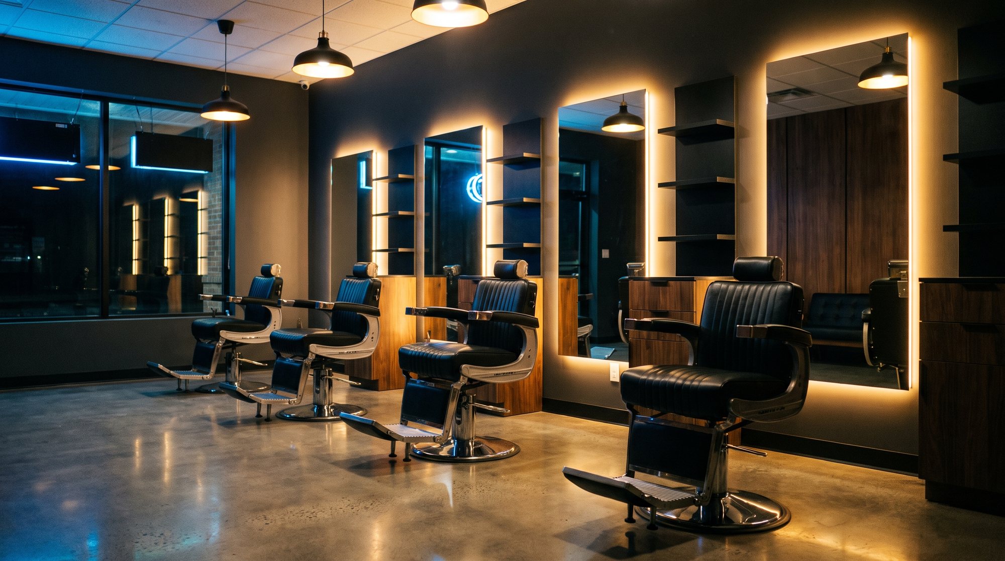 Placeholder interior — charcoal walls, walnut and warm light