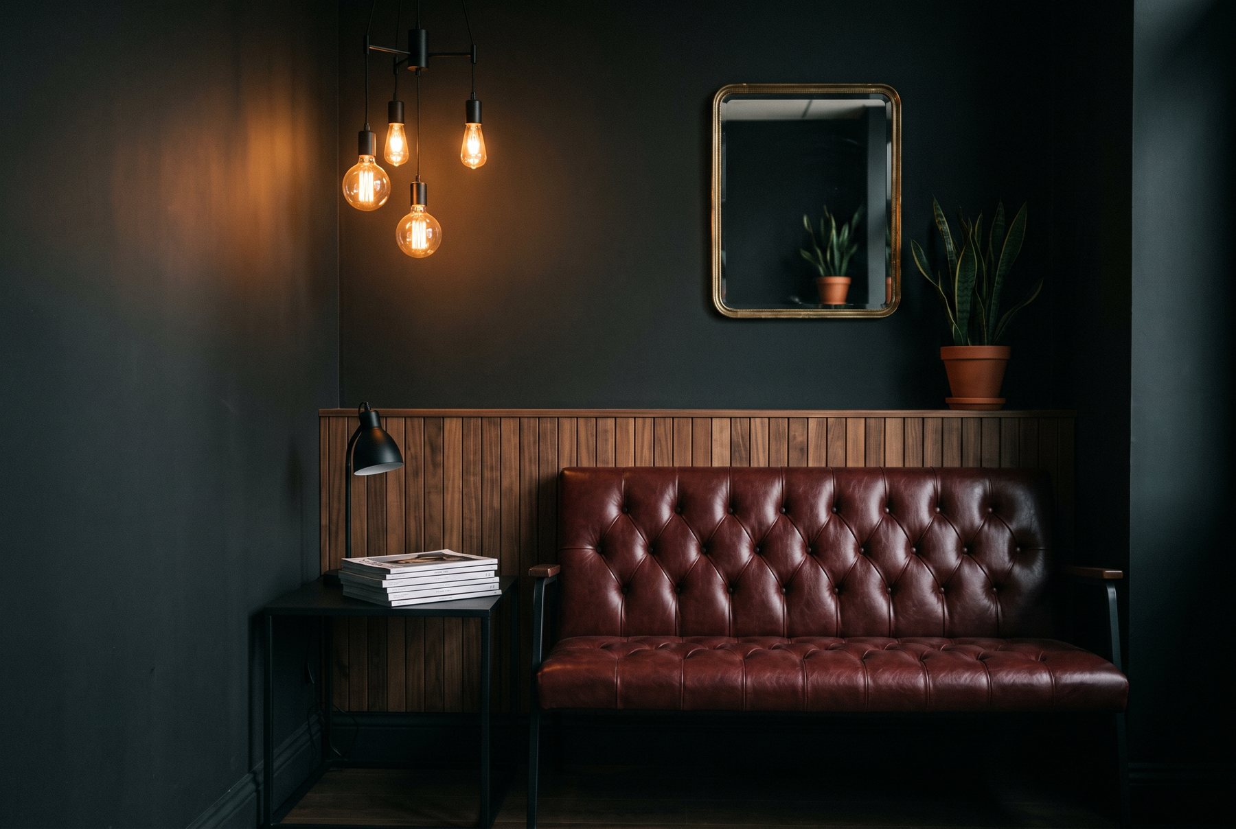 Placeholder waiting area — leather bench, walnut slats, warm bulbs