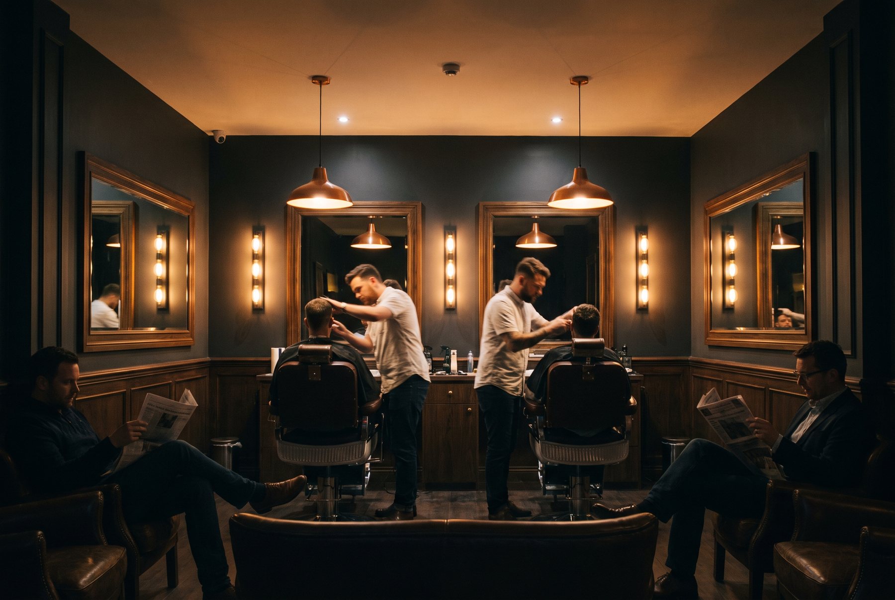 Two barbers working on clients in a dark premium barbershop