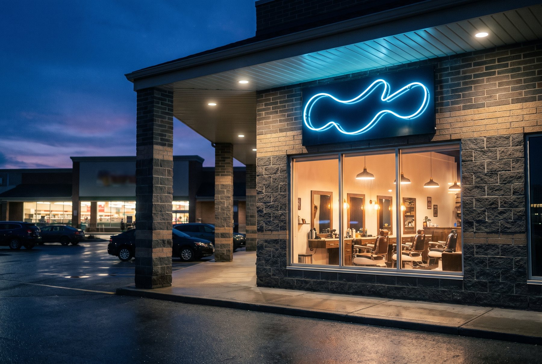 Placeholder storefront photograph — small-town barbershop at dusk